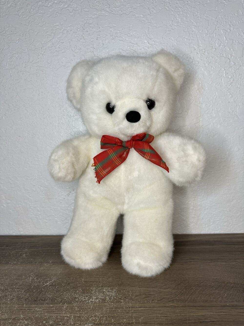 America Wego Teddy Bear White XS3800 Red & Green Plaid Bow 12” Stuffed Animal